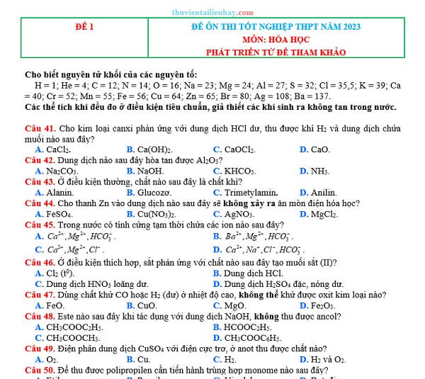 10 Đề Ôn Thi Tốt Nghiệp THPT 2023 Môn Hóa Có Lời Giải
