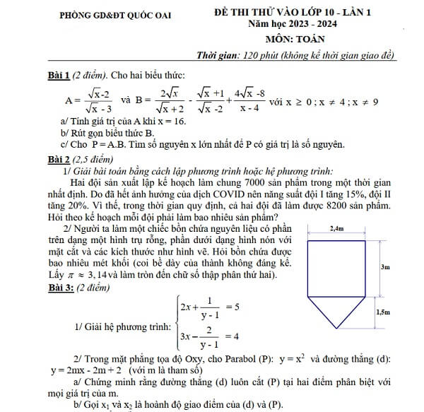 20 Đề Thi Thử Vào Lớp 10 Môn Toán Năm 2023-2024