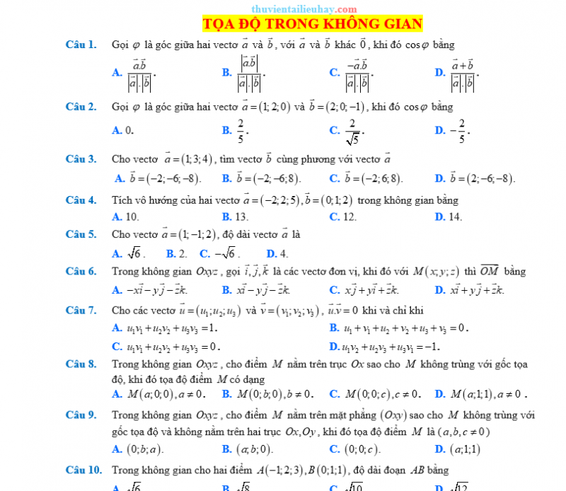 30 Câu Trắc Nghiệm Tọa Độ Trong Không Gian Có Đáp Án