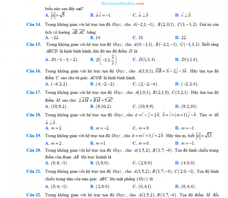 30 Câu Trắc Nghiệm Tọa Độ Trong Không Gian Có Đáp Án