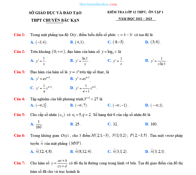 5 Đề Ôn Thi Tốt Nghiệp THPT Toán 2023 Chuyên Bắc Kạn