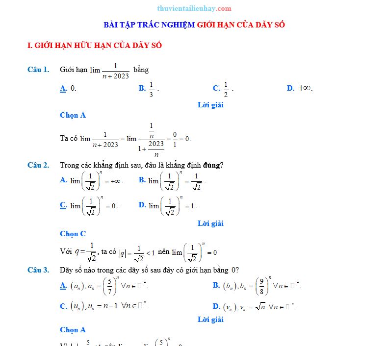 60 Câu Trắc Nghiệm Giới Hạn Dãy Số Có Lời Giải Chi Tiết
