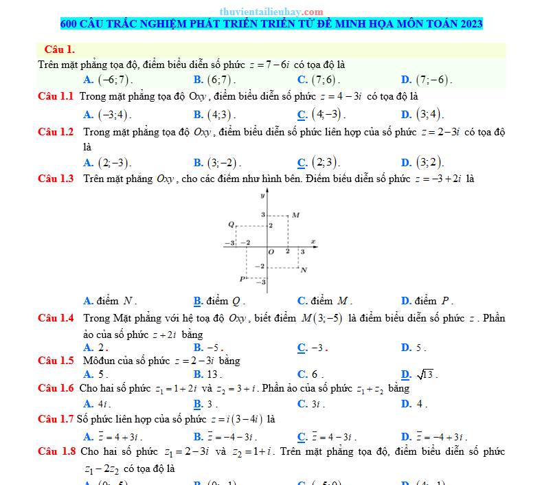 600 Câu Trắc Nghiệm Toán Ôn Thi Tốt Nghiệp 2023 Phát Triển Từ Minh Họa