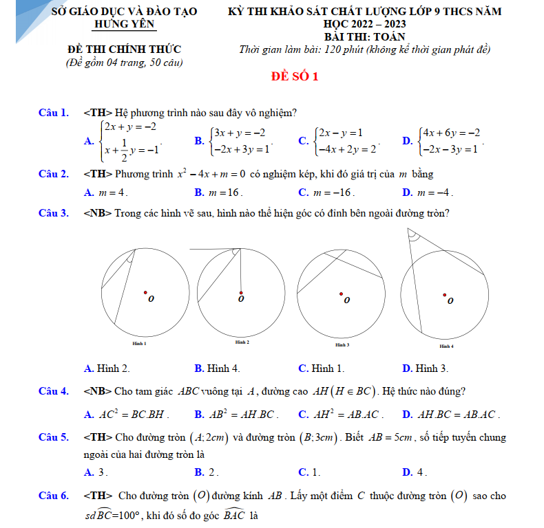 8 Đề Thi Trắc Nghiệm Vào Lớp 10 Môn Toán Có Đáp Án