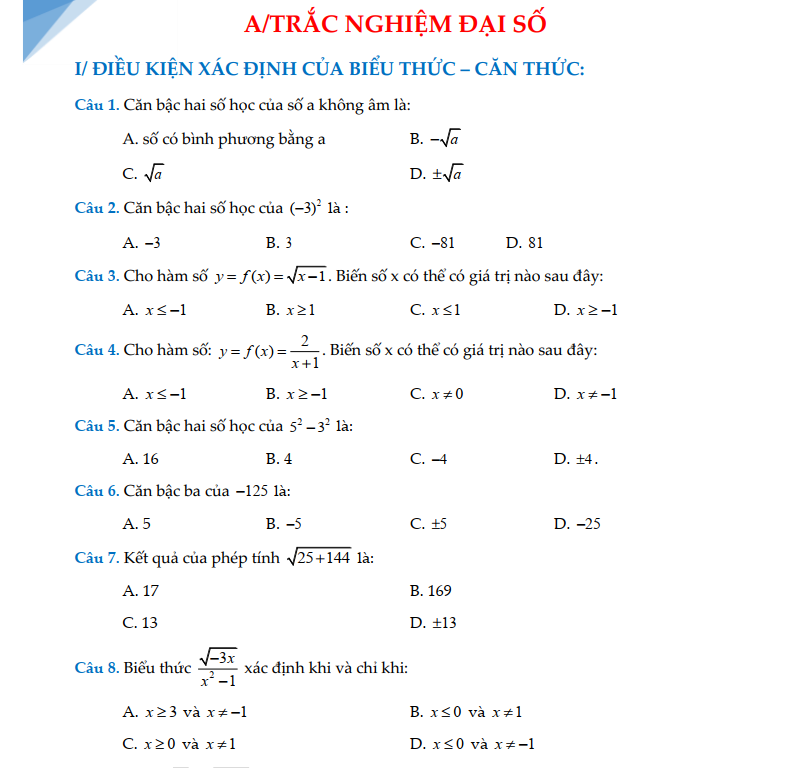 Bài Tập Trắc Nghiệm Môn Toán Lớp 9