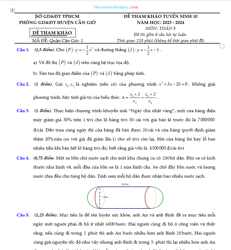 Bộ Đề Tham Khảo Tuyển Sinh 10 Môn Toán Cần Giờ 2023-2024