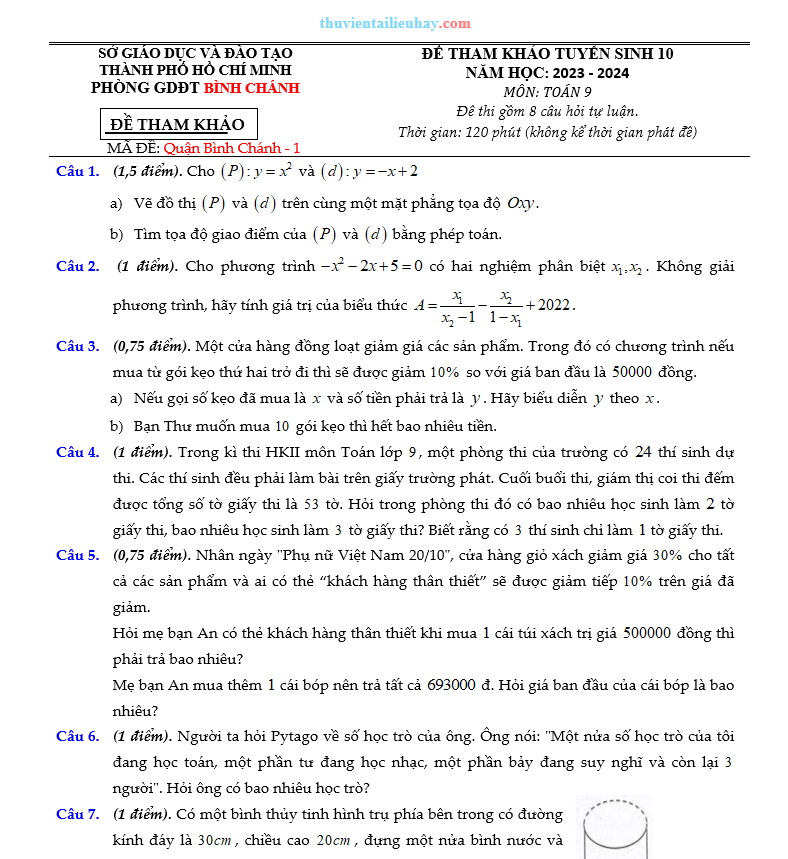 Bộ Đề Tham Khảo Tuyển Sinh 10 Toán Quận Bình Chánh 2023-2024