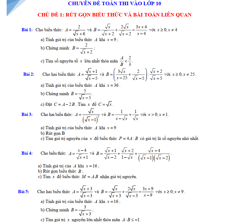 Các Bài Tập Theo Chủ Đề Luyện Thi Vào Lớp 10 Môn Toán Hà Nội