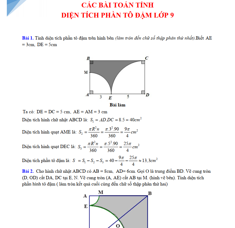 Các Bài Toán Tính Diện Tích Phần Tô Đậm Lớp 9