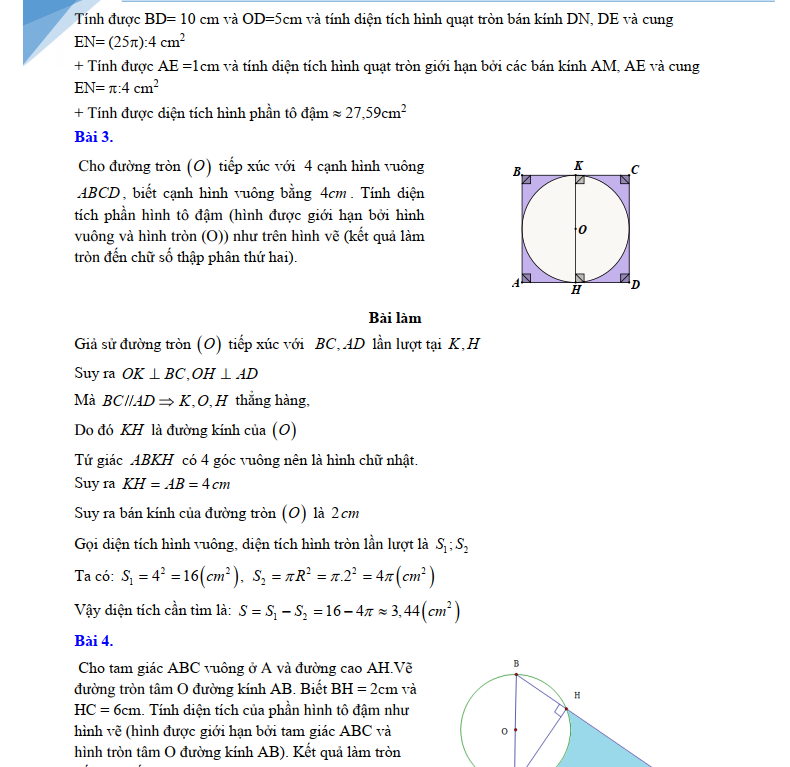 Các Bài Toán Tính Diện Tích Phần Tô Đậm Lớp 9