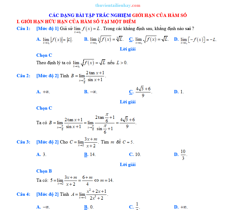 Các Dạng Bài Trắc Nghiệm Giới Hạn Hàm Số Có Lời Giải Chi Tiết