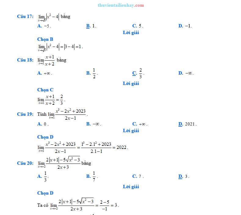 Các Dạng Bài Trắc Nghiệm Giới Hạn Hàm Số Có Lời Giải Chi Tiết