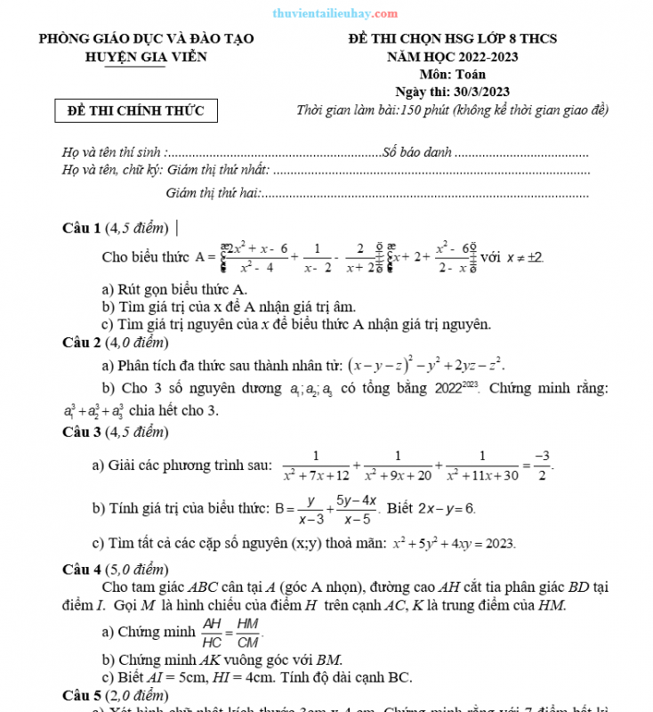 Đề Thi Chọn HSG Toán 8 Huyện Gia Viễn 2022-2023