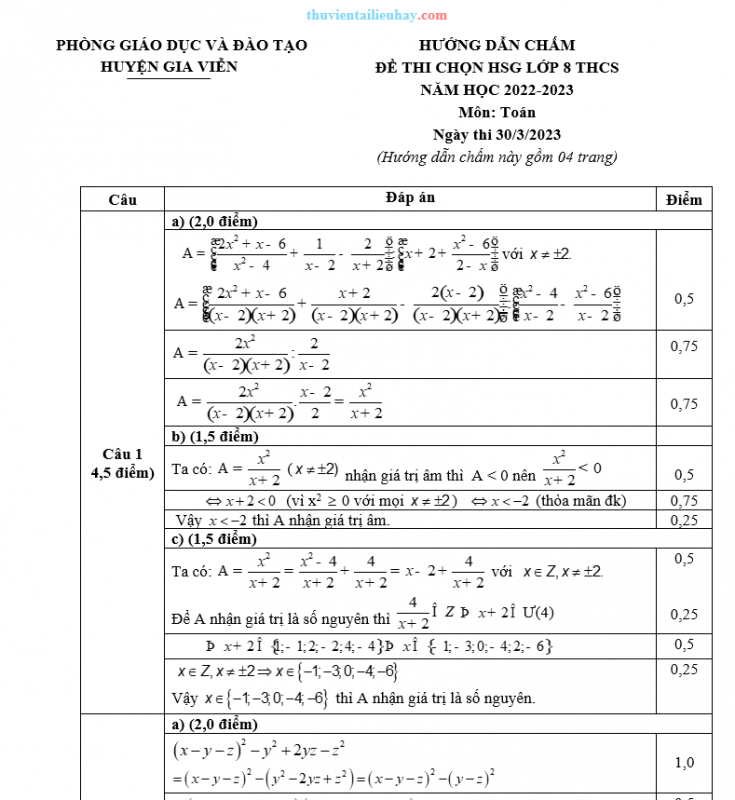 Đề Thi Chọn HSG Toán 8 Huyện Gia Viễn 2022-2023