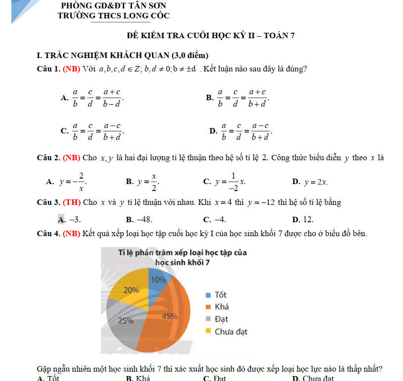 Đề Thi Học Kỳ 2 Toán Lớp 7 Chương Trình Mới