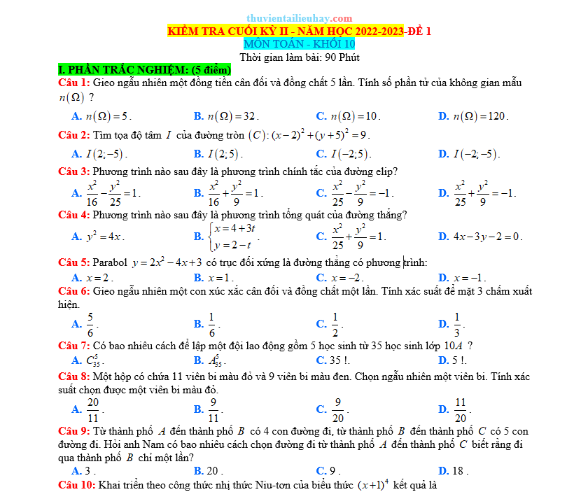 Đề Kiểm Tra Học Kỳ 2 Toán 10 Kết Nối Tri Thức Có Đáp Án Đề 1