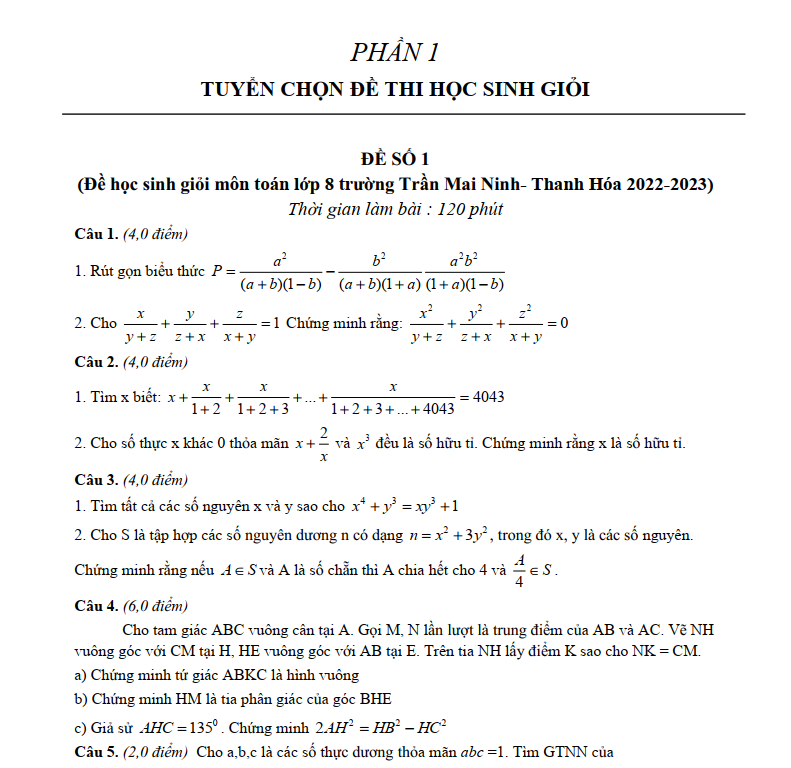 30 Đề Thi Học Sinh Giỏi Môn Toán Lớp 8 Cấp Tỉnh Năm 2022-2023