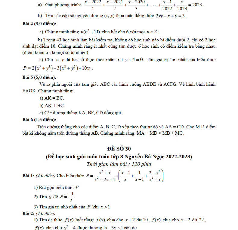 30 Đề Thi Học Sinh Giỏi Môn Toán Lớp 8 Cấp Tỉnh Năm 2022-2023