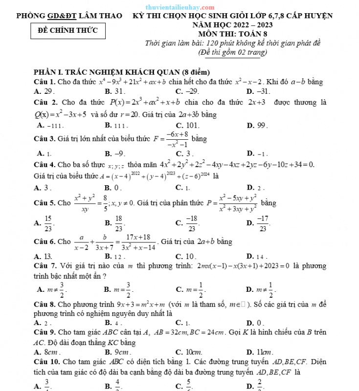 Đề Thi HSG Toán 8 Huyện Lâm Thao 2022-2023