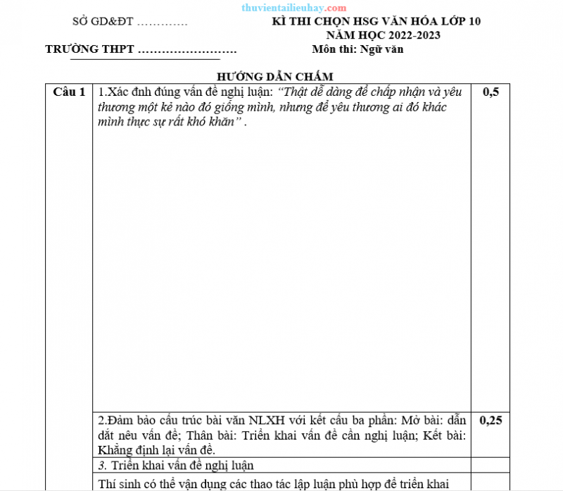 Đề Thi HSG Ngữ Văn 10 Cấp Trường 2022-2023