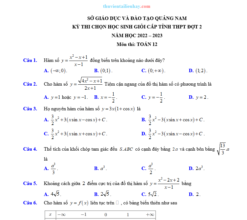 Đề Thi HSG Môn Toán 12 Tỉnh Quảng Nam 2022-2023 Có Đáp Án