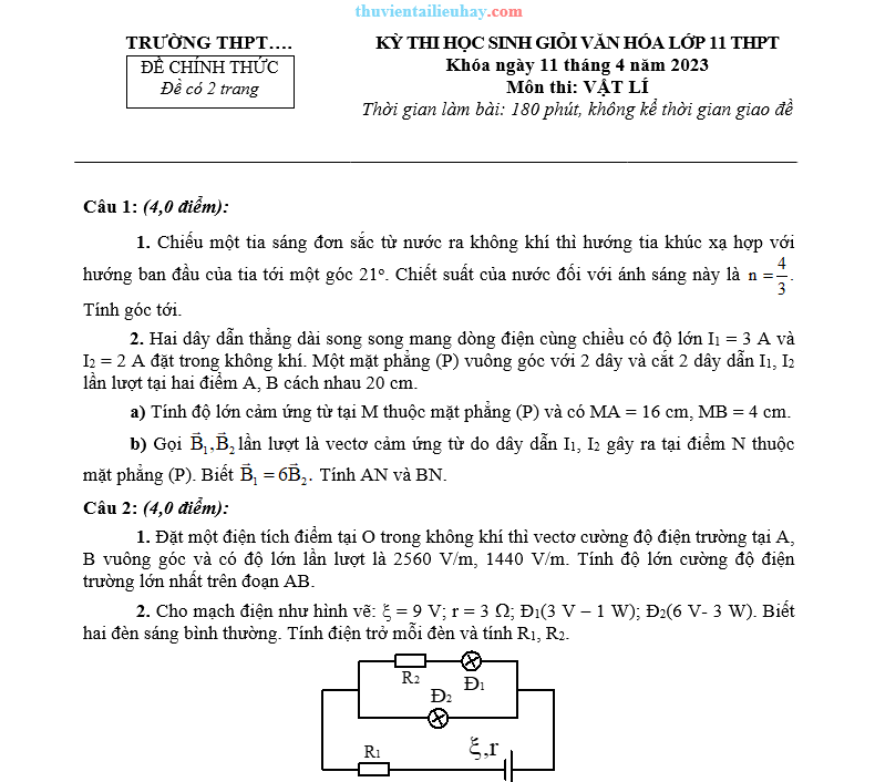 Đề Thi HSG Vật Lí 11 Cấp Trường 2022-2023