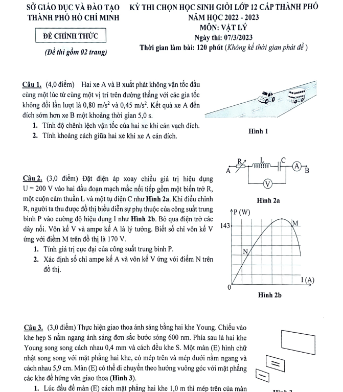 Đề Thi HSG Vật Lý 12 Sở GD&ĐT TP Hồ Chí Minh 2022-2023
