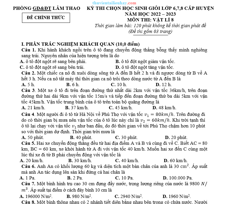 Đề Chọn HSG Vật Lí 8 Huyện Lâm Thao 2022-2023 Có Đáp Án