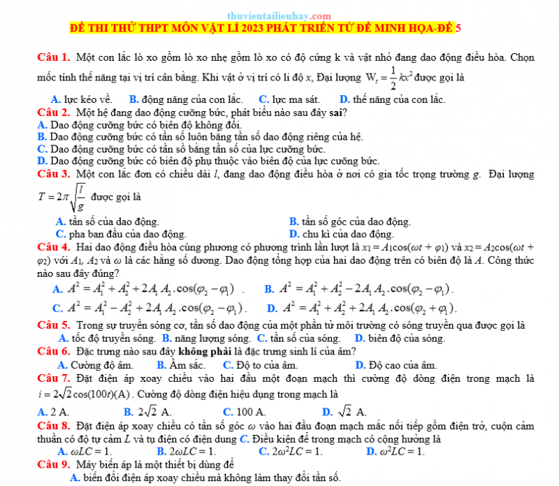Đề Thi Thử Tốt Nghiệp 2023 Vật Lí Đề 5 Có Lời Giải
