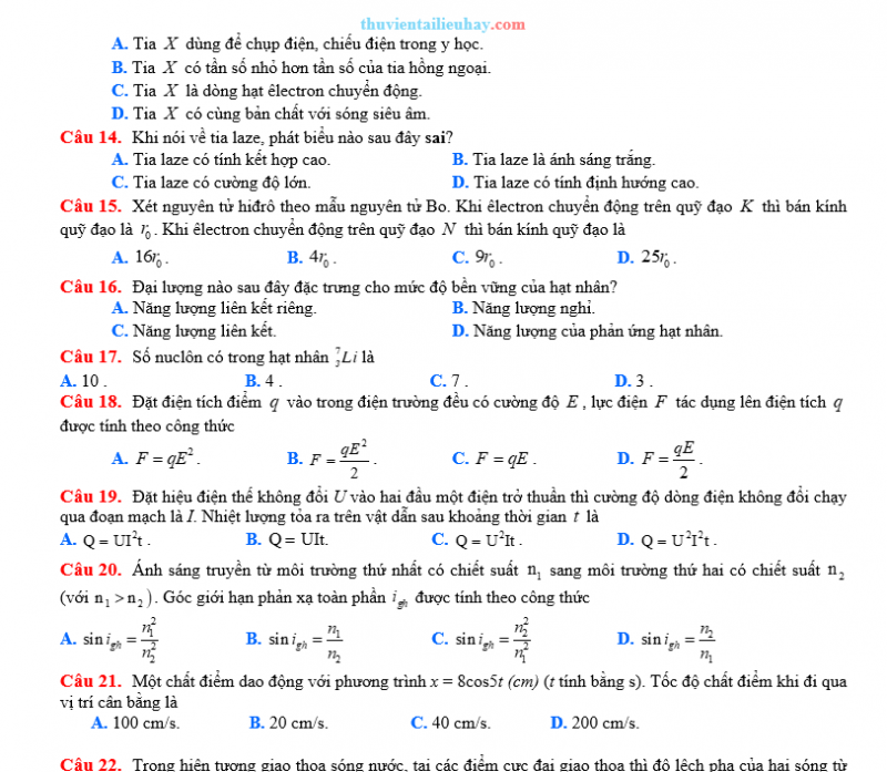 Đề Thi Thử Tốt Nghiệp 2023 Vật Lí Đề 5 Có Lời Giải