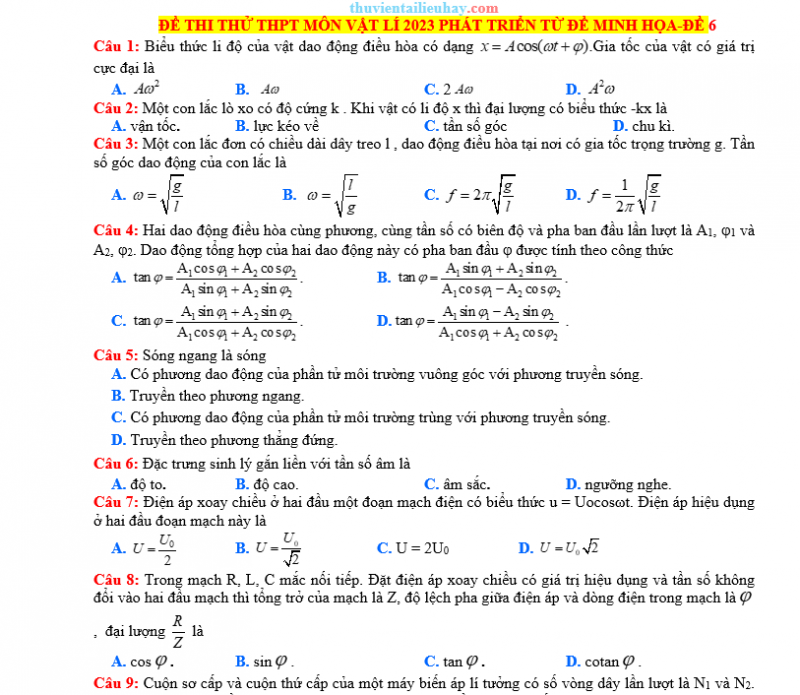 Đề Thi Thử Tốt Nghiệp 2023 Vật Lí Đề 6 Có Lời Giải