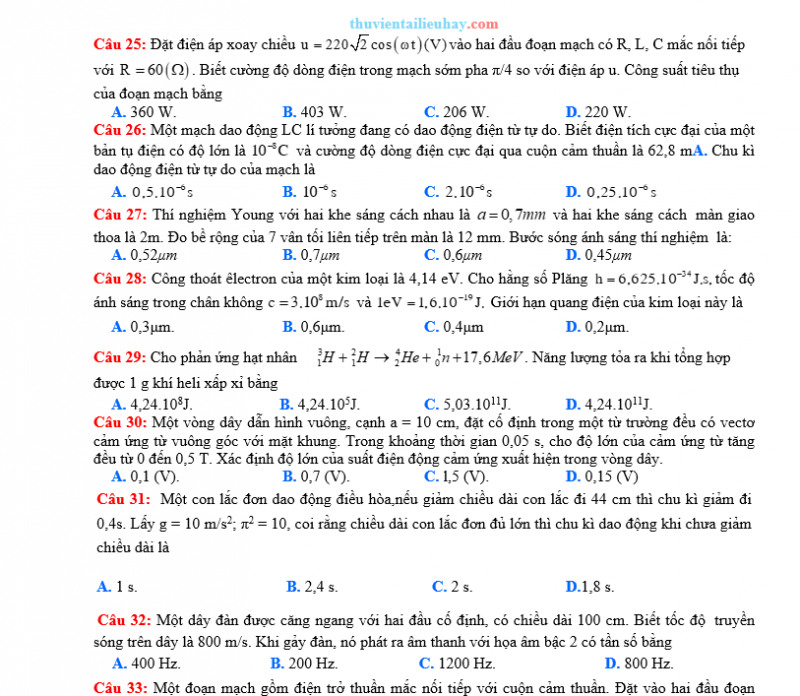 Đề Thi Thử Tốt Nghiệp 2023 Vật Lí Đề 6 Có Lời Giải