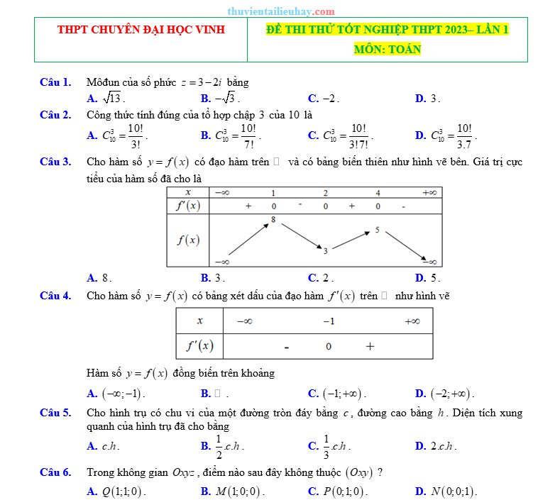 Đề Thi Thử 2023 Môn Toán THPT Chuyên Đại Học Vinh Lần 1