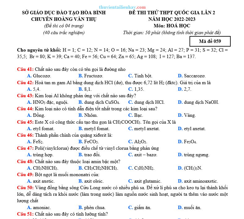 Đề Thi Thử TN Năm 2023 Môn Hóa Chuyên Hoàng Văn Thụ Lần 2