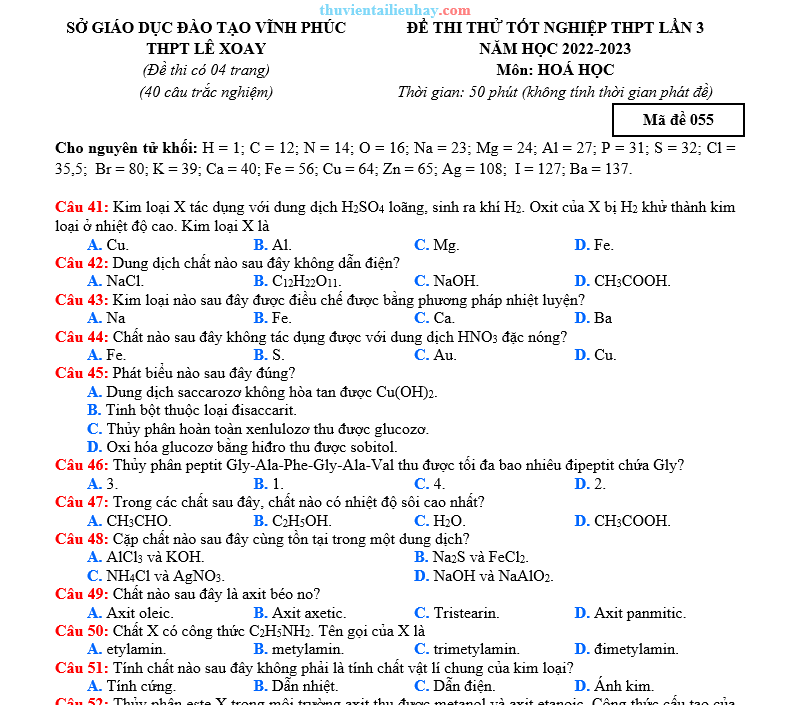 Đề Thi Thử TN Năm 2023 Môn Hóa THPT Lê Xoay Lần 3