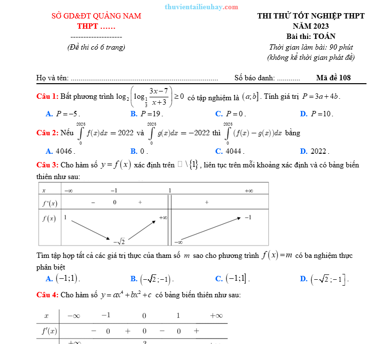 Đề Thi Thử Tốt Nghiệp THPT 2023 Môn Toán Quảng Nam