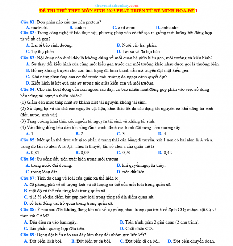 Đề Thi Thử 2023 Môn Sinh Có Lời Giải Chi Tiết Đề 1