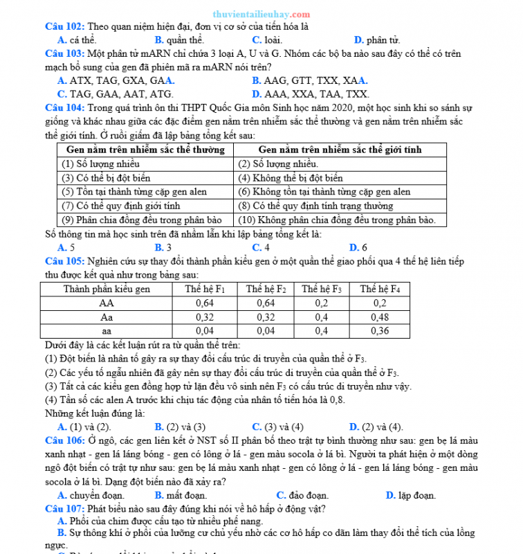 Đề Thi Thử 2023 Môn Sinh Có Lời Giải Chi Tiết Đề 1