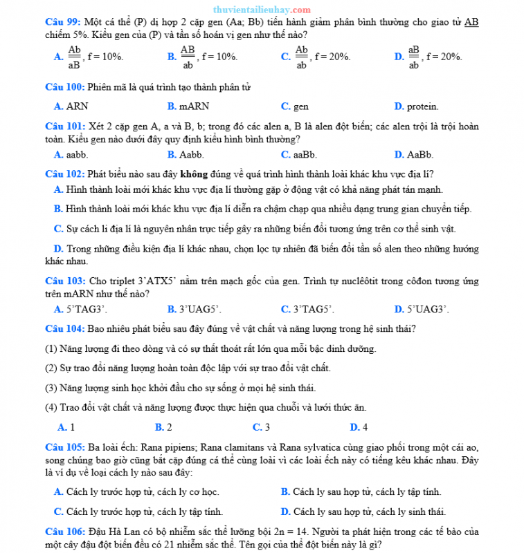 Đề Thi Thử 2023 Môn Sinh Có Lời Giải Chi Tiết Đề 3
