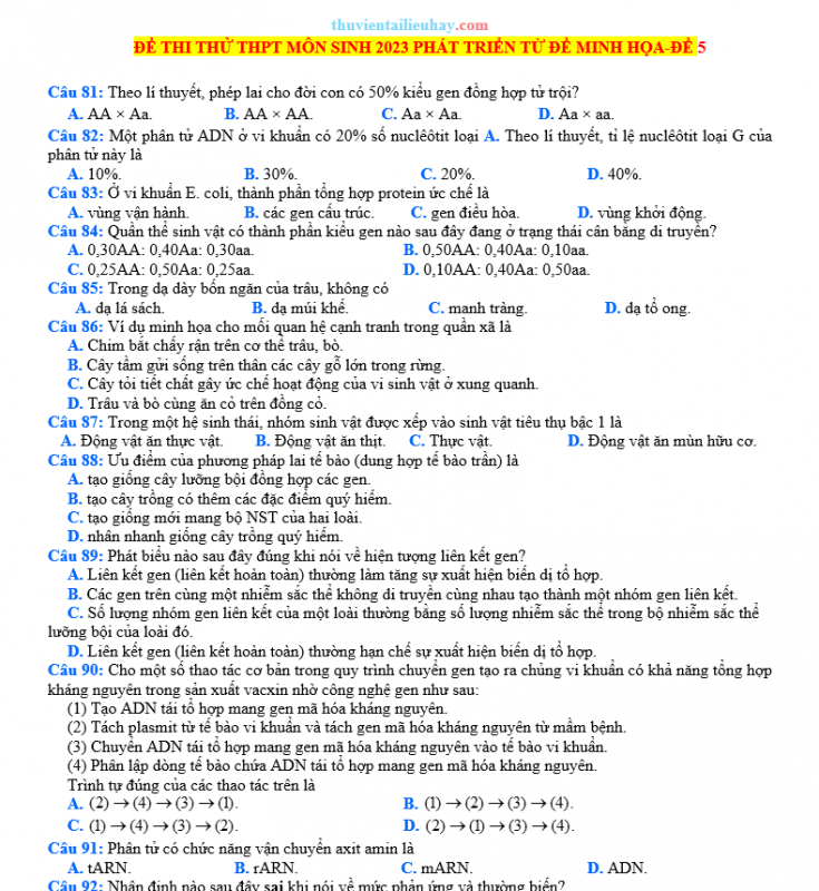 Đề Thi Thử 2023 Môn Sinh Có Lời Giải Chi Tiết Đề 5