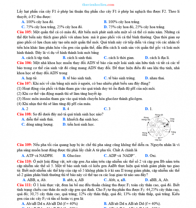 Đề Thi Thử 2023 Môn Sinh Có Lời Giải Chi Tiết Đề 6