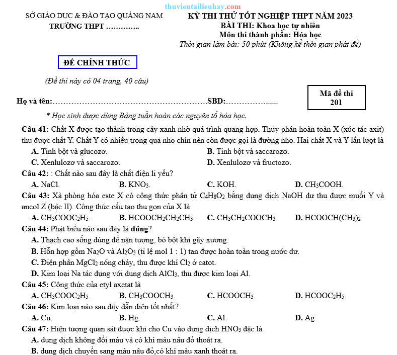 Đề Thi Thử Tốt Nghiệp THPT 2023 Môn Hóa Quảng Nam