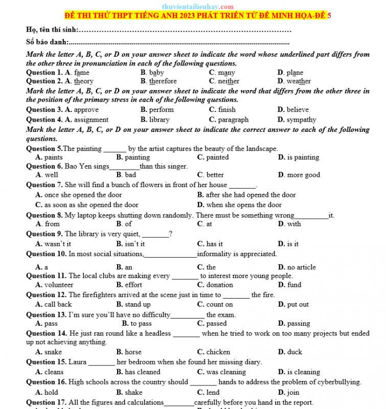 Đề Thi Thử Tốt Nghiệp 2023 Môn Tiếng Anh Đề 5 Có Đáp Án