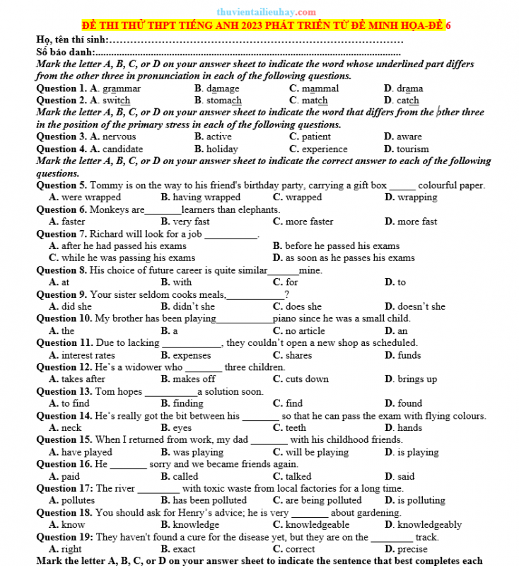 Đề Thi Thử Tốt Nghiệp 2023 Môn Tiếng Anh Đề 6 Có Đáp Án