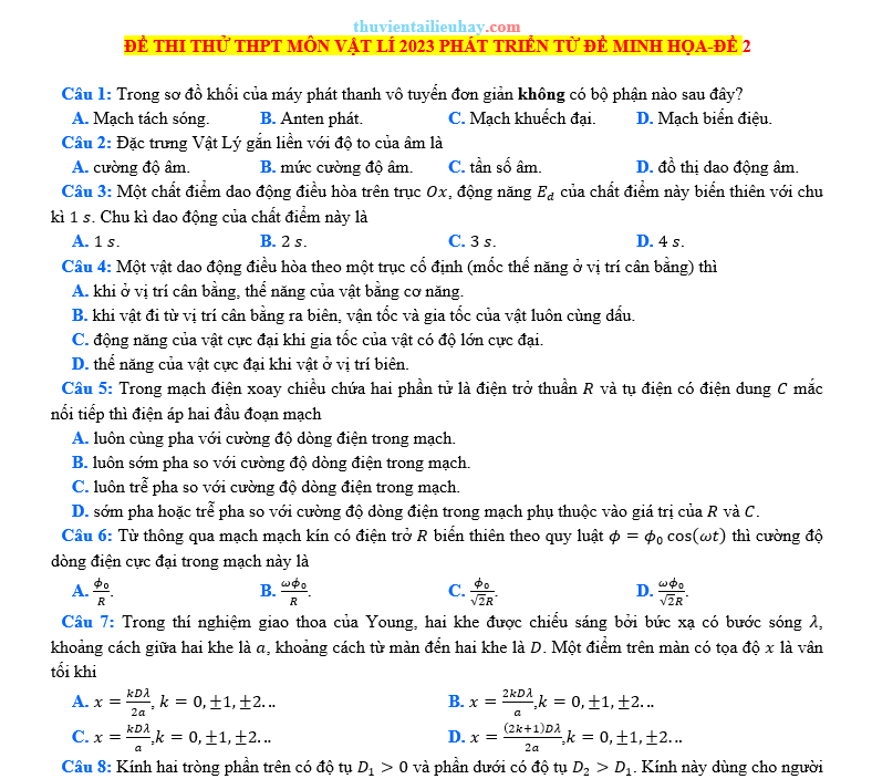 Đề Thi Thử Tốt Nghiệp 2023 Vật Lí Đề 2 Có Lời Giải