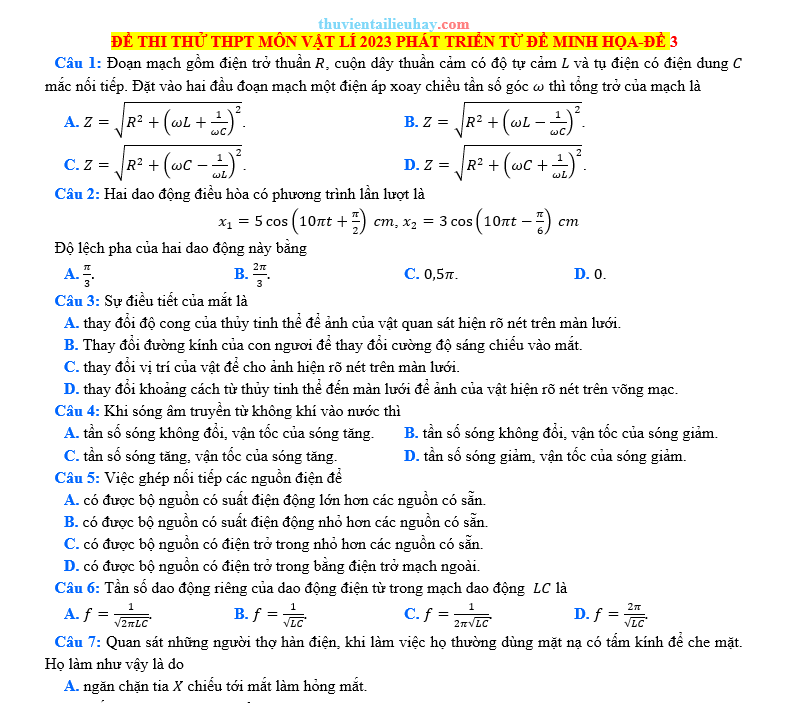 Đề Thi Thử Tốt Nghiệp 2023 Vật Lí Đề 3 Có Lời Giải