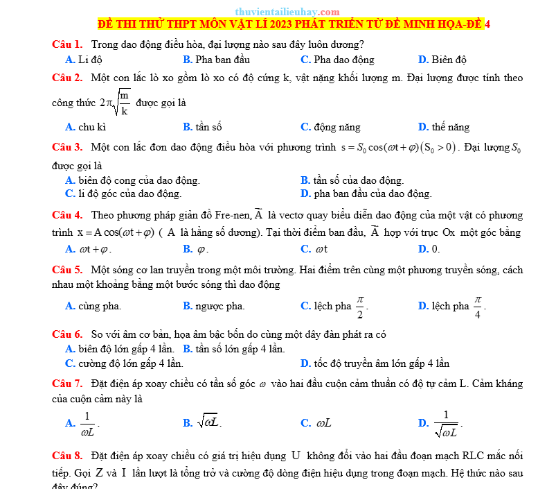 Đề Thi Thử Tốt Nghiệp 2023 Vật Lí Đề 4 Có Lời Giải