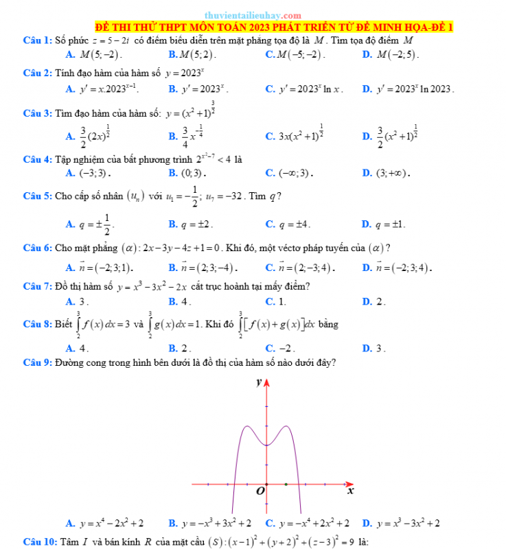 Đề Thi Thử Môn Toán 2023 Phát Triển Từ Đề Minh Họa Đề 1
