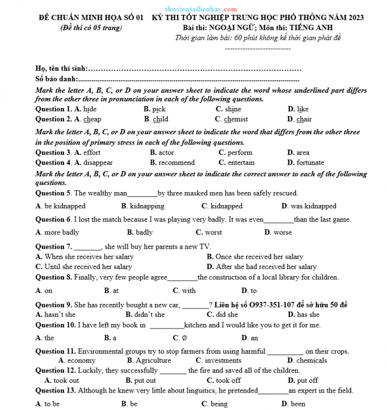 Đề Thi Thử Tốt Nghiệp 2023 Môn Tiếng Anh Đề 3 Có Đáp Án