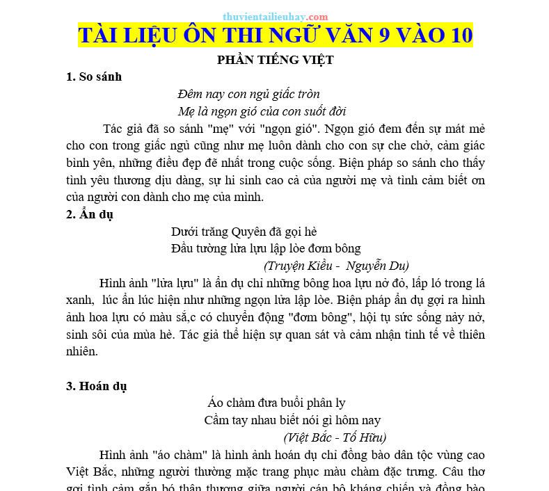 Tài Liệu Ôn Thi Văn 9 Vào 10 Năm 2023-2024